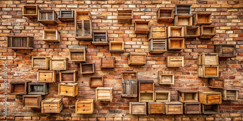 Fototapeta premium A brick wall adorned with a curated collection of wooden crates, each with its own unique patina and history, creating a visual tapestry of rustic charm.