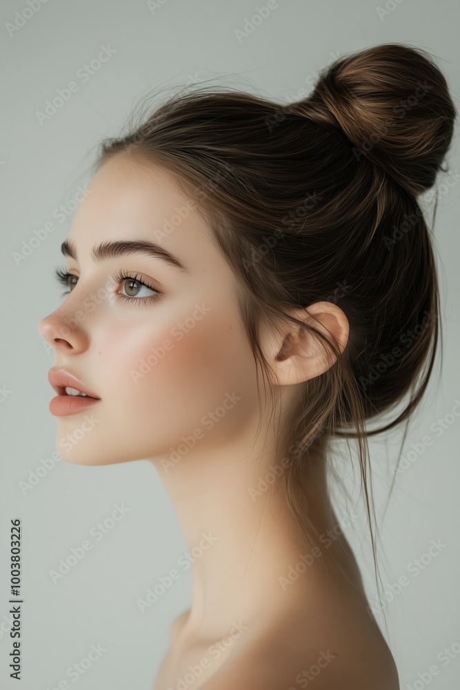 Elegant side profile of a woman with a bun hairstyle against a soft background Elegant side profile of a woman with a bun hairstyle against a soft background