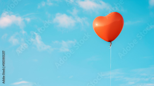 A heart-shaped orange balloon floating against a vibrant blue sky on a sunny day