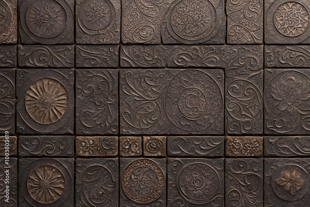 Eastern mosaic inspired engravings on an aged iron sheet with natural textures, Ai Generated Eastern mosaic inspired engravings on an aged iron sheet with natural textures, Ai Generated