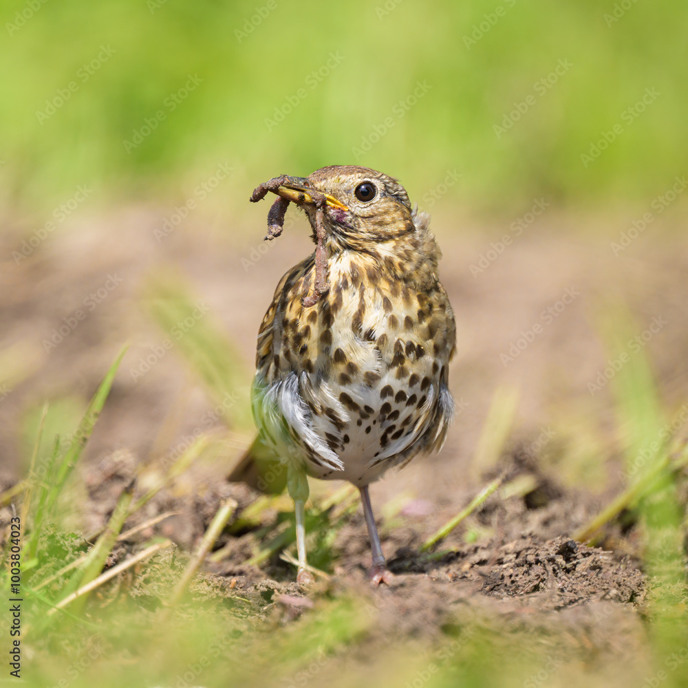 A Song Thrush looking for food on the ground A Song Thrush looking for food on the ground