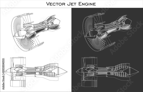 Jet Engine technical line drawing blueprints. vector turbo isolated in transparent background