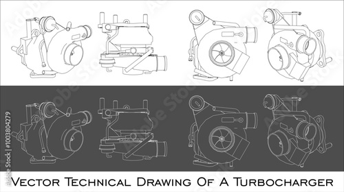 Turbocharger technical line drawing blueprints. vector turbo isolated in transparent background