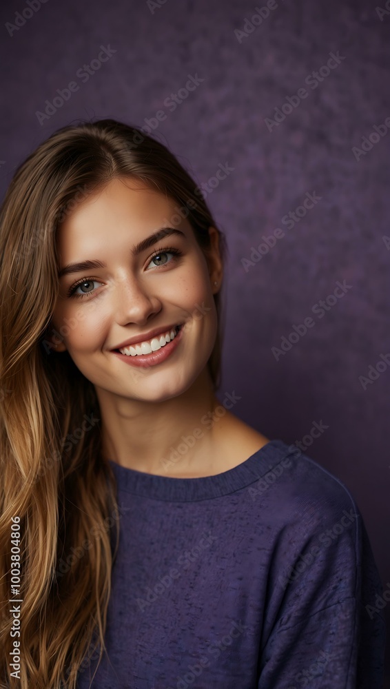 Beautiful young woman smiling against a purple background Beautiful young woman smiling against a purple background