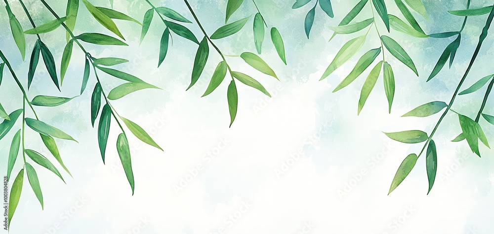 Fototapeta premium Delicate bamboo leaves framed against a soft, light background, creating a serene and tranquil atmosphere.