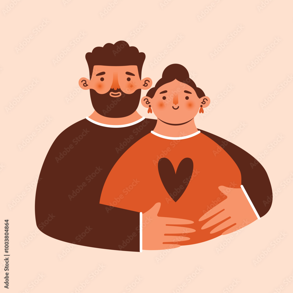 Obraz premium Couple of lovers, persons are standing, hugging, posing together. Hand drawn cartoon characters of man and woman. Togetherness, friendship, love concept. Naive kawaii illustration to National Hug Day.