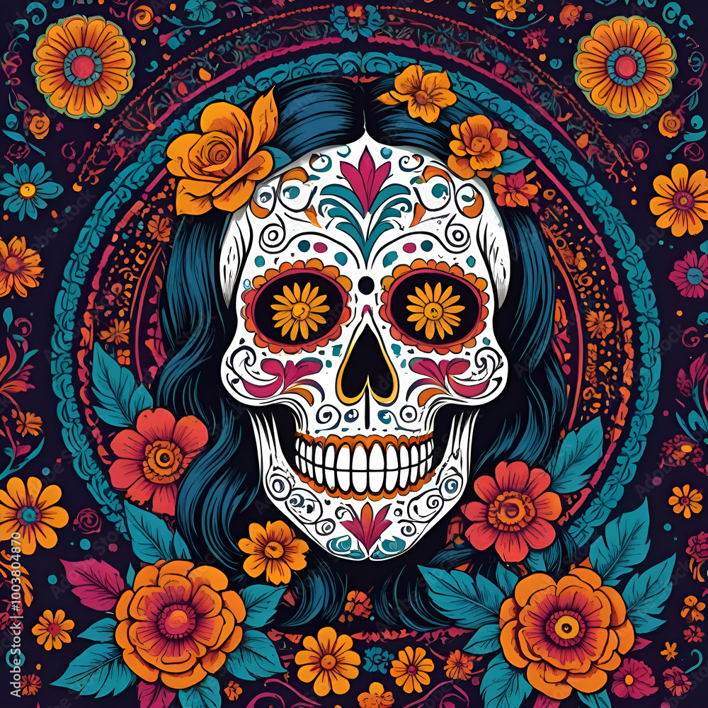 Skull in Mexican art style Dia de los Muertos illustration for t-shirt print design Skull in Mexican art style Dia de los Muertos illustration for t-shirt print design
