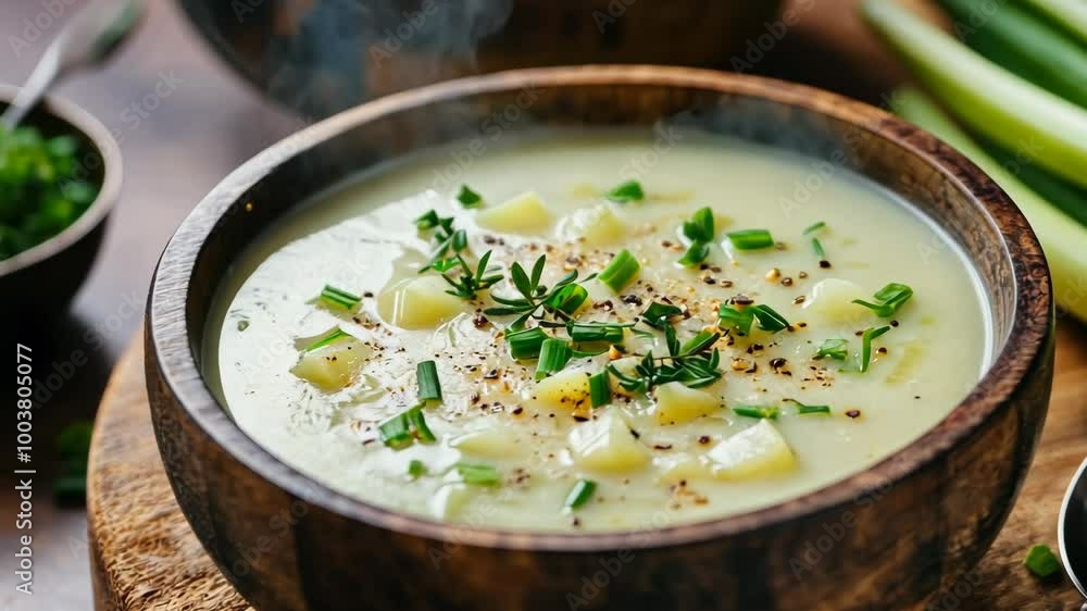 A bowl of steaming potato soup with fresh herbs and spices is ready to be enjoyed on a wooden cutting board A bowl of steaming potato soup with fresh herbs and spices is ready to be enjoyed on a wooden cutting board