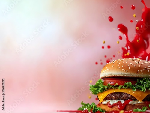 Delicious cheeseburger with fresh lettuce, tomato, and ketchup splashes on a vibrant background.