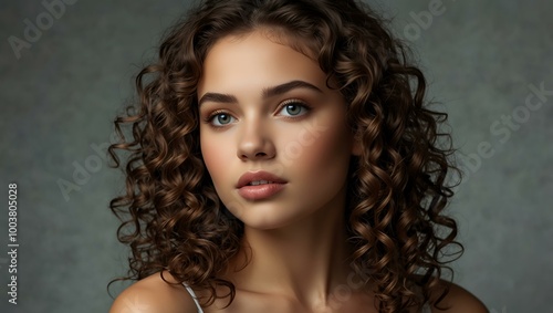 Beauty model with curly hairstyle and clear skin.