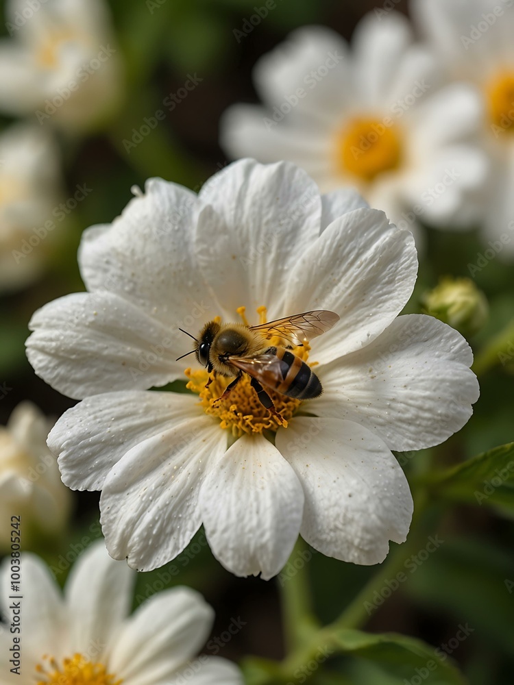 Bee resting on a white flower to gather nectar. Bee resting on a white flower to gather nectar.