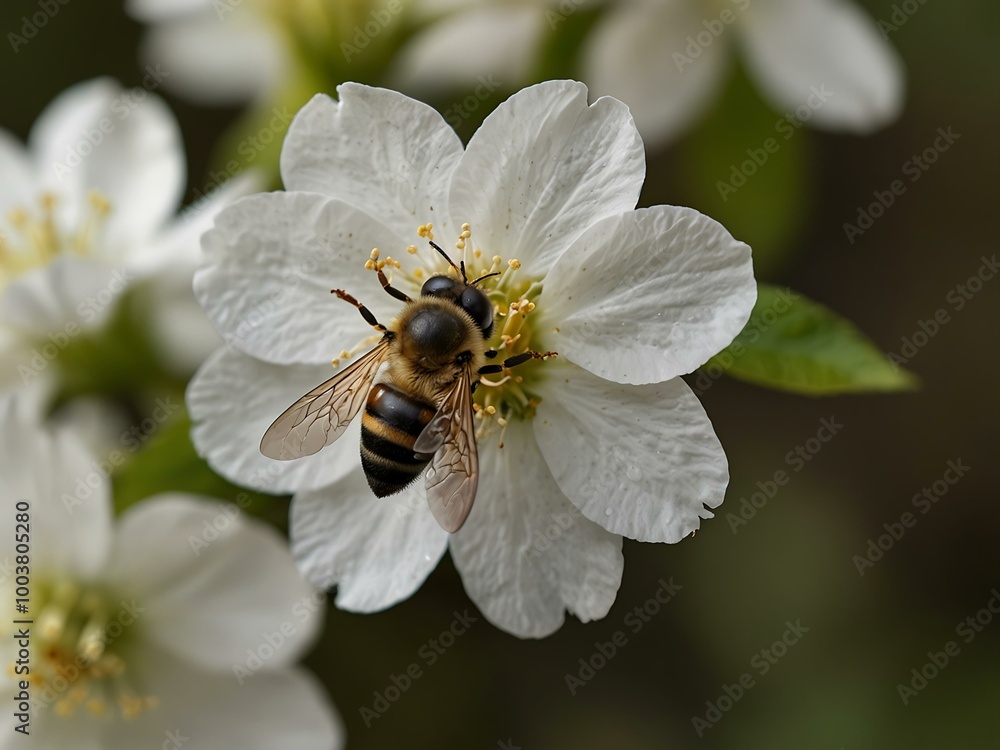 Bee sipping nectar from a white blossom. Bee sipping nectar from a white blossom.