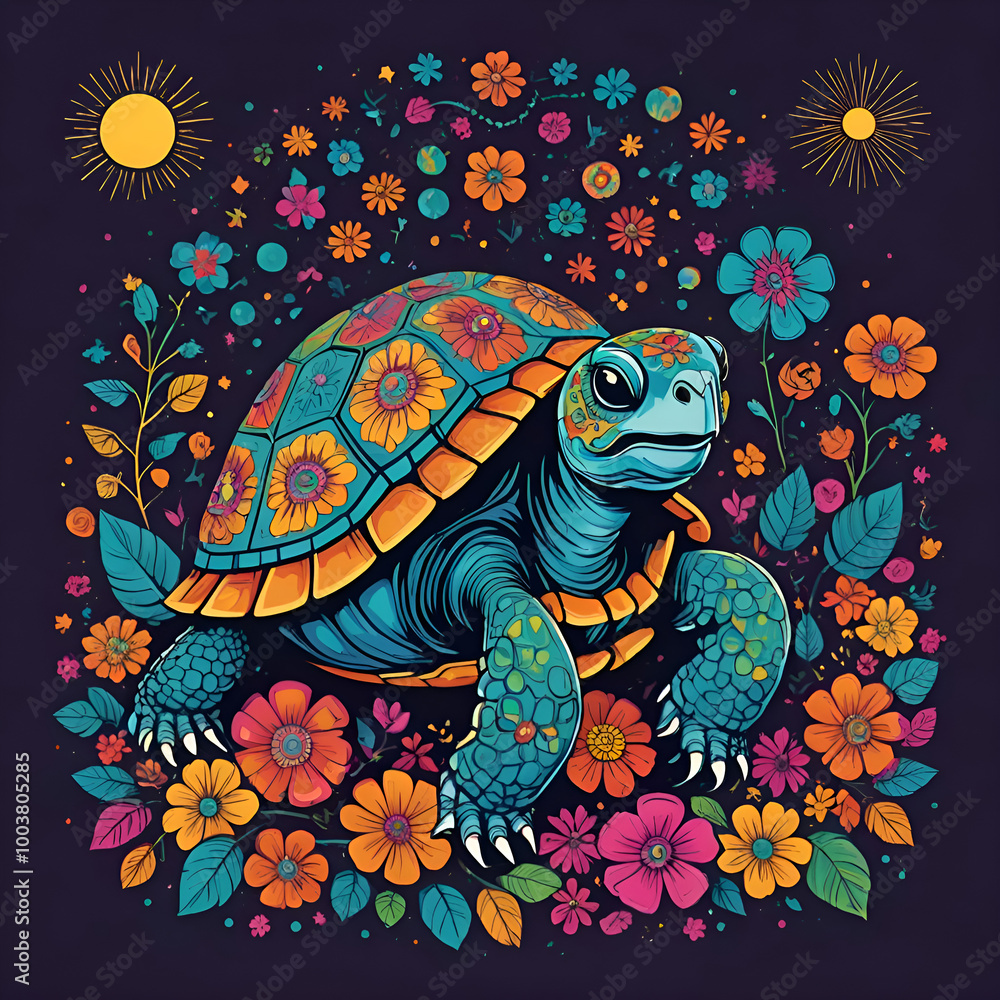Turtle in Mexican art style Dia de los Muertos illustration for t-shirt print design Turtle in Mexican art style Dia de los Muertos illustration for t-shirt print design