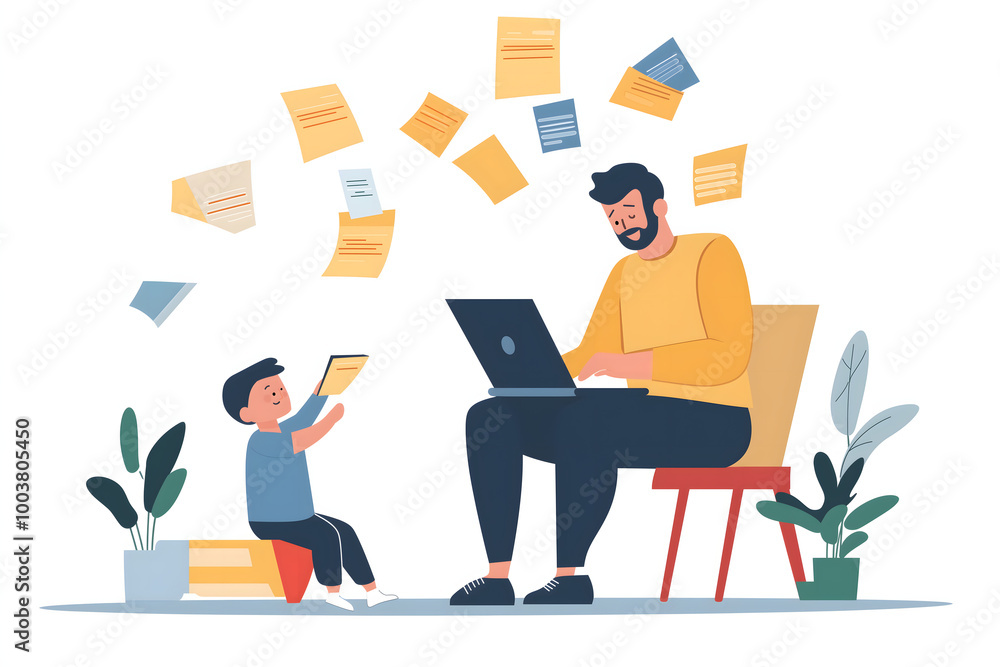 A parent juggling work on a laptop while playing with a child nearby, illustrating the balance between professional and family life A parent juggling work on a laptop while playing with a child nearby, illustrating the balance between professional and family life