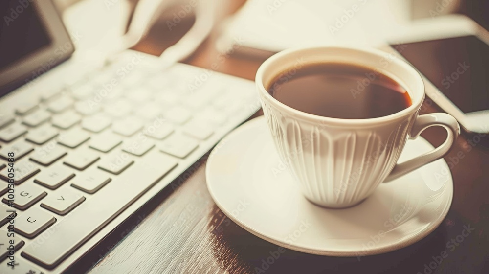 Coffee Cup on Table with Laptop and Phone Coffee Cup on Table with Laptop and Phone
