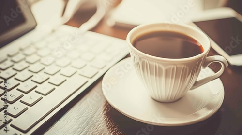 Coffee Cup on Table with Laptop and Phone