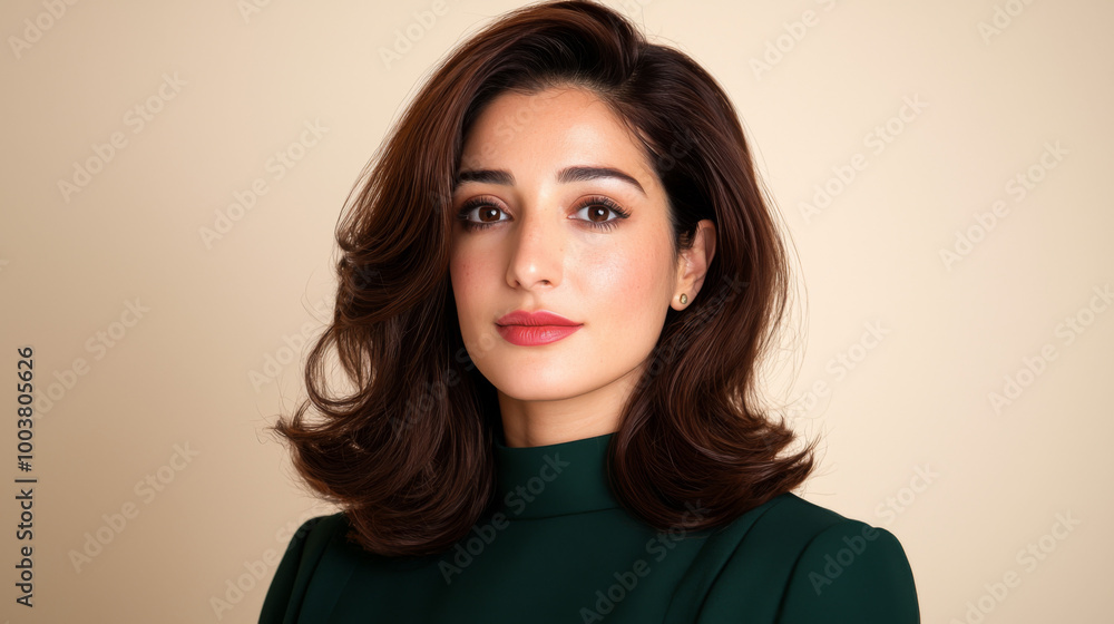 Young woman with elegant hairstyle and makeup poses in a neutral-toned background Young woman with elegant hairstyle and makeup poses in a neutral-toned background