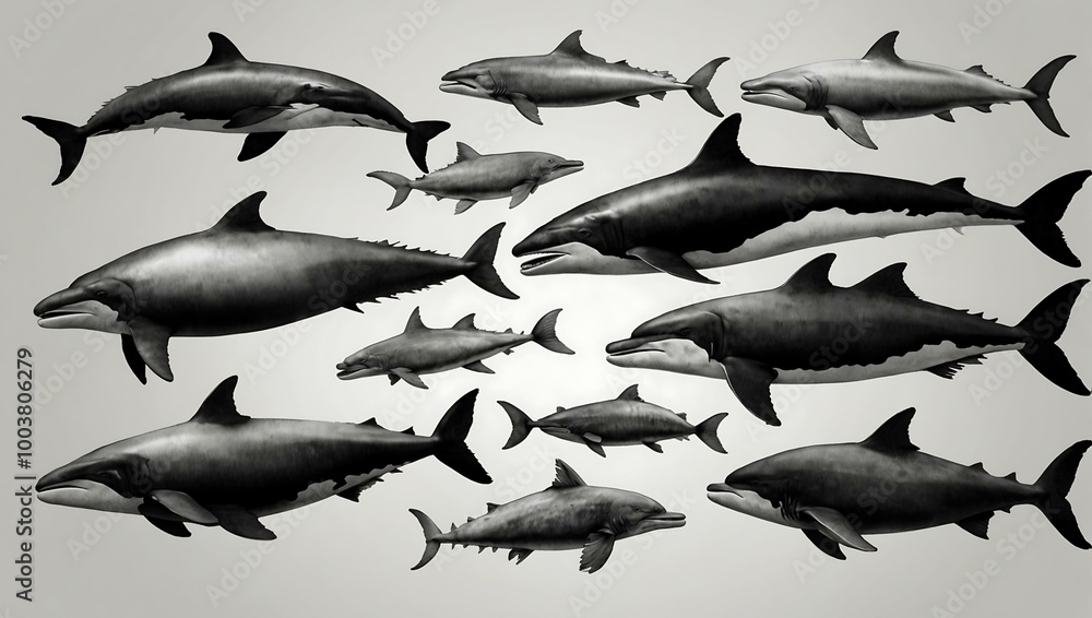 Black and white sketches of fish, dolphin, and whale silhouettes, isolated on a white background. Black and white sketches of fish, dolphin, and whale silhouettes, isolated on a white background.