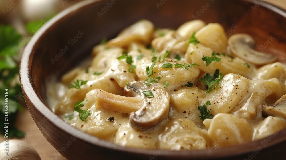Creamy Mushroom Pasta Dish in Wooden Bowl Creamy Mushroom Pasta Dish in Wooden Bowl
