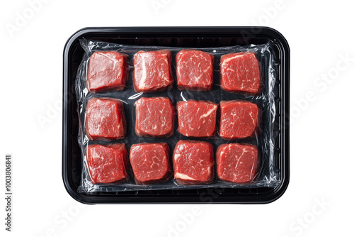 Supermarket Black Plastic Tray with Raw Tenderloin Isolated on Transparent Background