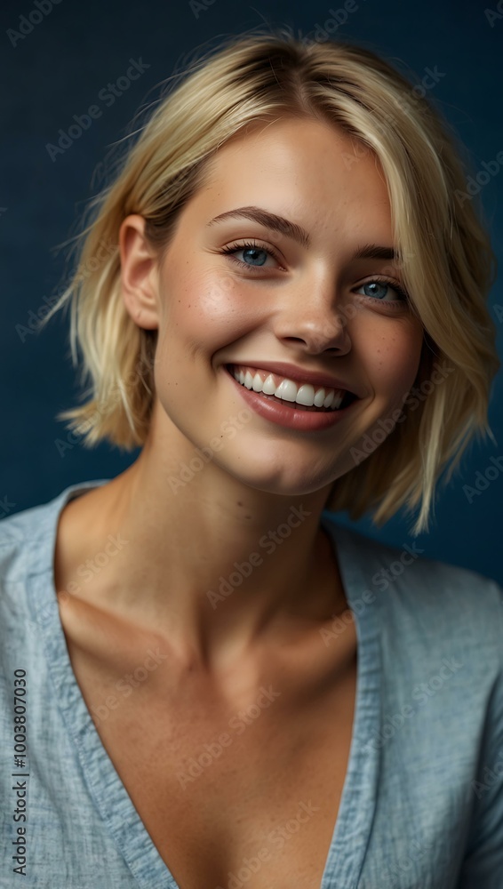 Blonde woman smiling and posing against a blue background. Blonde woman smiling and posing against a blue background.