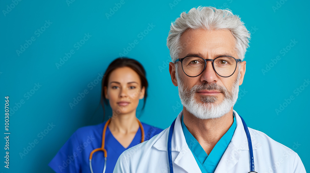 Medical professionals posing together in a clinic with a blue background during consultation hours Medical professionals posing together in a clinic with a blue background during consultation hours