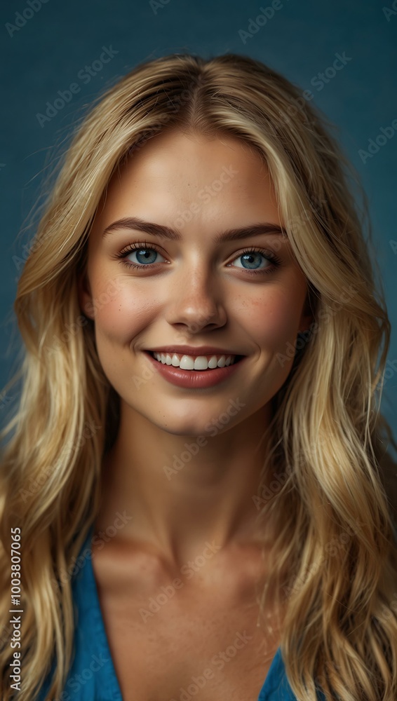 Blonde woman smiling and posing against a blue background. Blonde woman smiling and posing against a blue background.