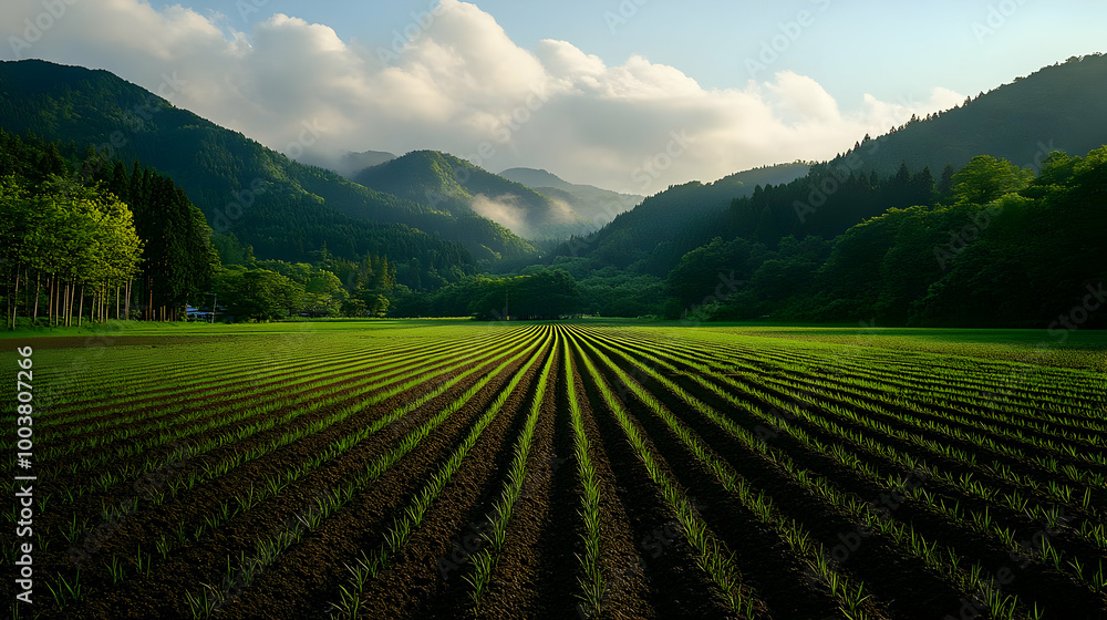 Rows of Green Plants Growing in a Field with Mountains in the Background Rows of Green Plants Growing in a Field with Mountains in the Background
