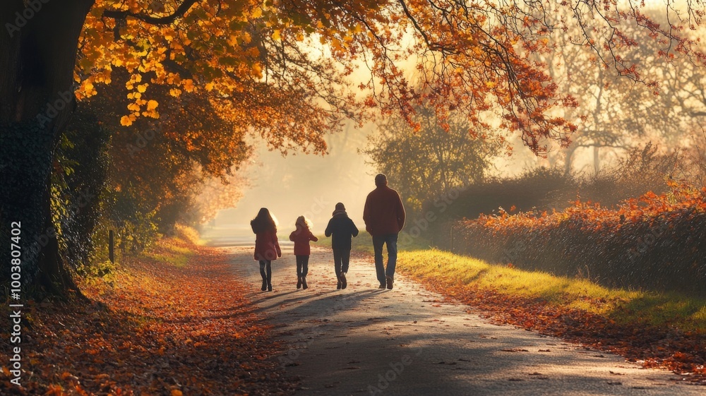 Family Silhouettes Walking on a Fall Path Family Silhouettes Walking on a Fall Path