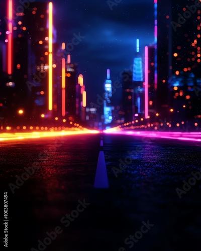 Futuristic cityscape with vibrant neon lights illuminating the empty street at night.