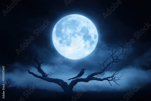 Blue Moon Mystery: A solitary crow perches on a skeletal tree branch silhouetted against a mesmerizing blue moon, evoking a sense of mystique and wonder in the night sky. 