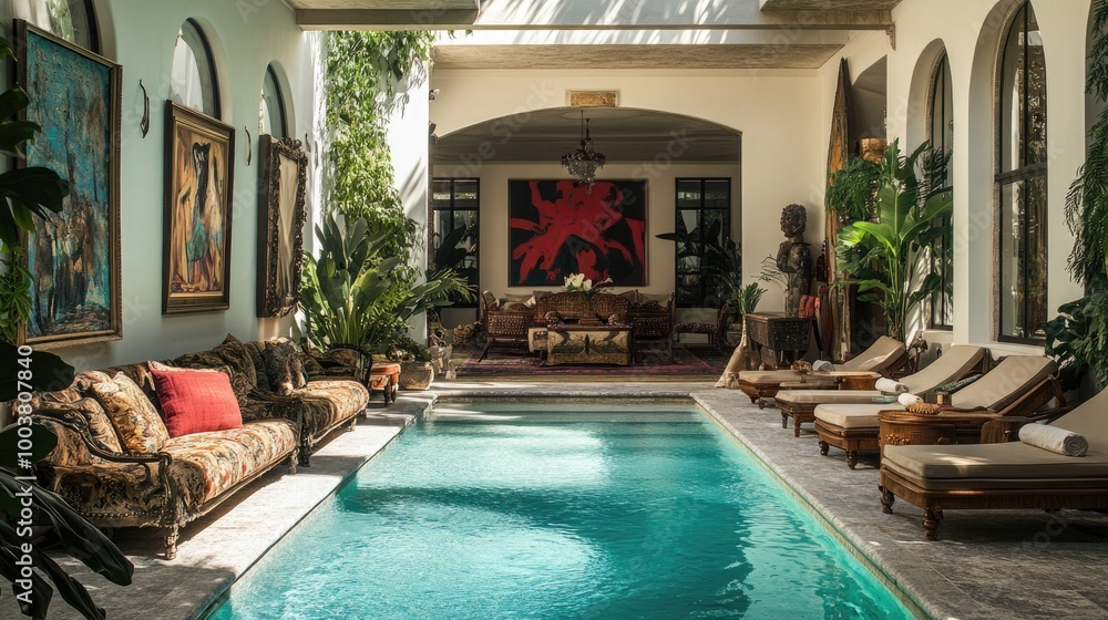 An opulent eclectic pool house decorated with plush seating