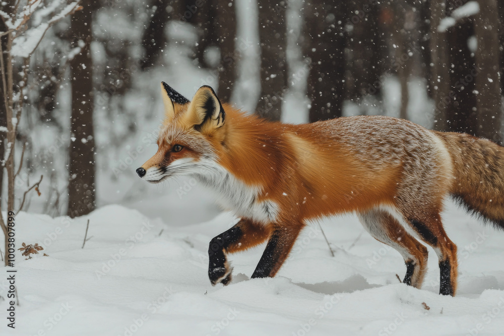 A red fox walks gracefully through a snowy forest during a winter afternoon A red fox walks gracefully through a snowy forest during a winter afternoon