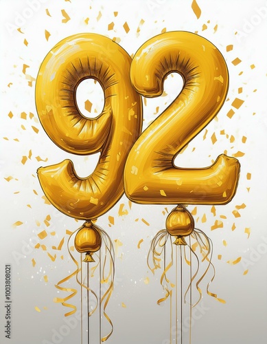 Yellow birthday / anniversary balloon, number 92, white background with confetti photo