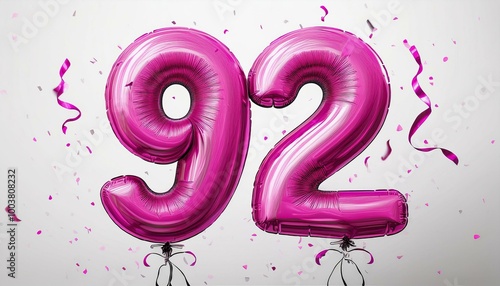Pink birthday / anniversary balloon, number 92, white background with confetti