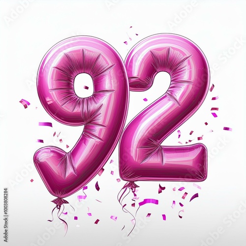 Pink birthday / anniversary balloon, number 92, white background with confetti photo