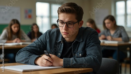 Bored male student using his phone in class.