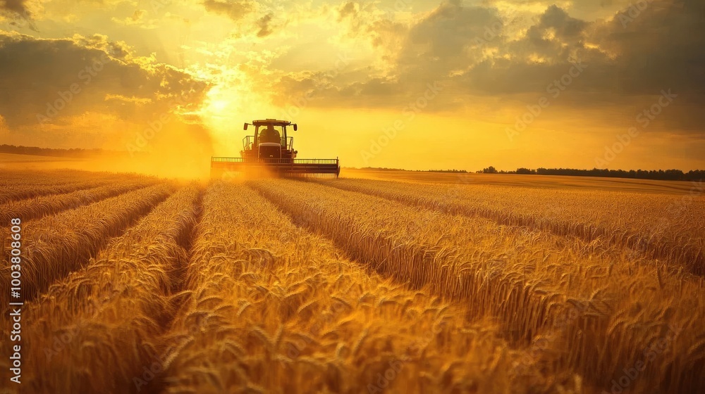 Fototapeta premium Combine harvester cutting through a golden wheat field, with a tractor following, representing efficient farming