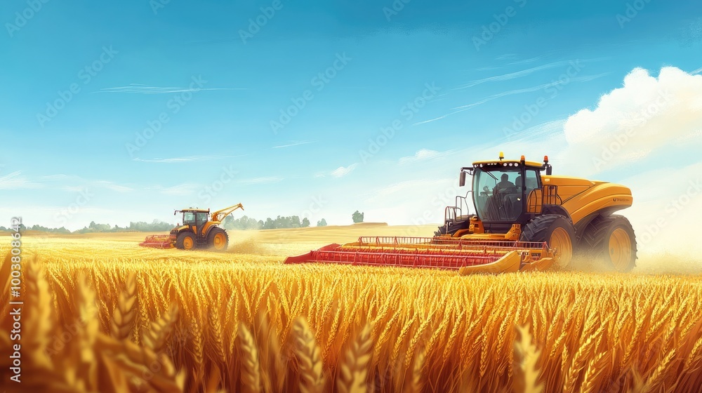 Fototapeta premium Combine harvester cutting through a golden wheat field, with a tractor following, representing efficient farming