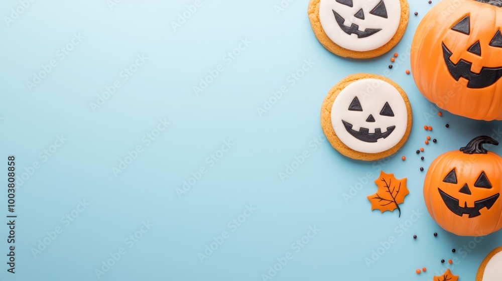Fototapeta premium A flat-lay banner featuring Halloween costume accessories, pumpkin-themed cookies, and spooky sprinkles with ample copy space for text