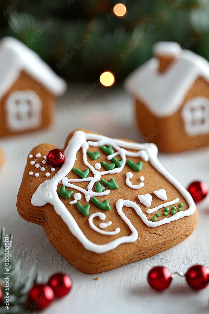 A tight shot of a gingerbread house on a table, surrounded by other gingerbread houses in the background A Christmas tree dominates the foreground A tight shot of a gingerbread house on a table, surrounded by other gingerbread houses in the background A Christmas tree dominates the foreground