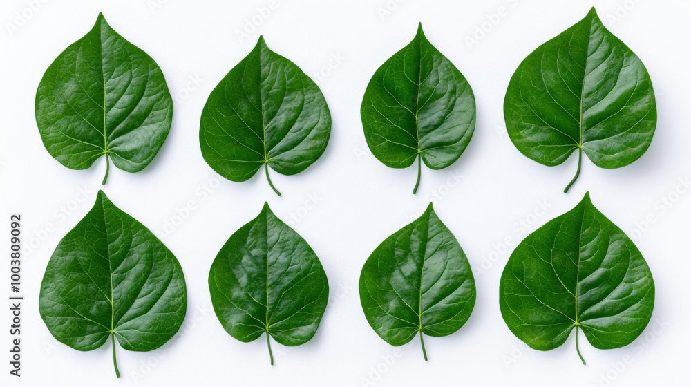 Arrangement of fresh green betel leaves on a light background showcasing their vibrant texture Arrangement of fresh green betel leaves on a light background showcasing their vibrant texture