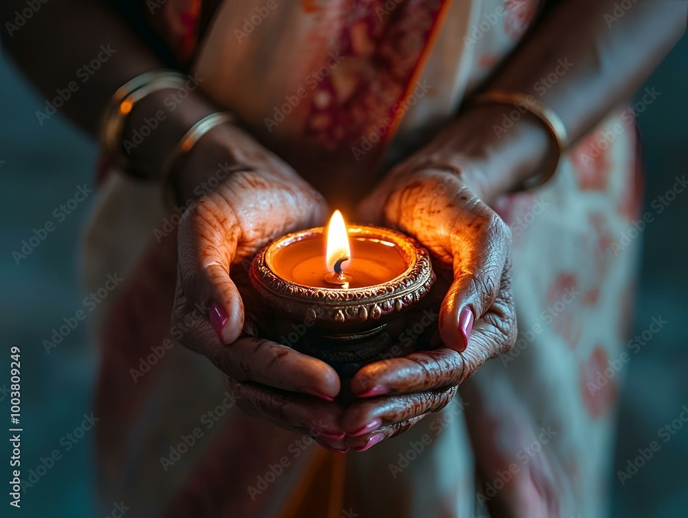 Traditional Indian Diya Lamp in Woman’s Henna-Decorated Hands during Diwali Festival. Traditional Indian Diya Lamp in Woman’s Henna-Decorated Hands during Diwali Festival.
