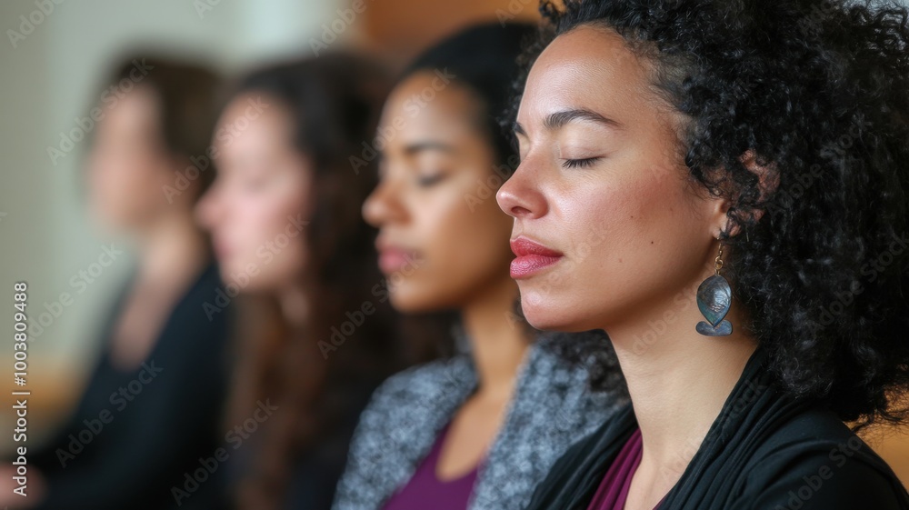 Group of women practicing mindfulness meditation indoors, peaceful atmosphere. Group of women practicing mindfulness meditation indoors, peaceful atmosphere.