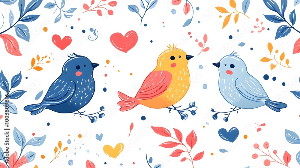 Cute and quirky cartoon birds with hearts and leaves, scattered across a white canvas, fun and energetic design Cute and quirky cartoon birds with hearts and leaves, scattered across a white canvas, fun and energetic design