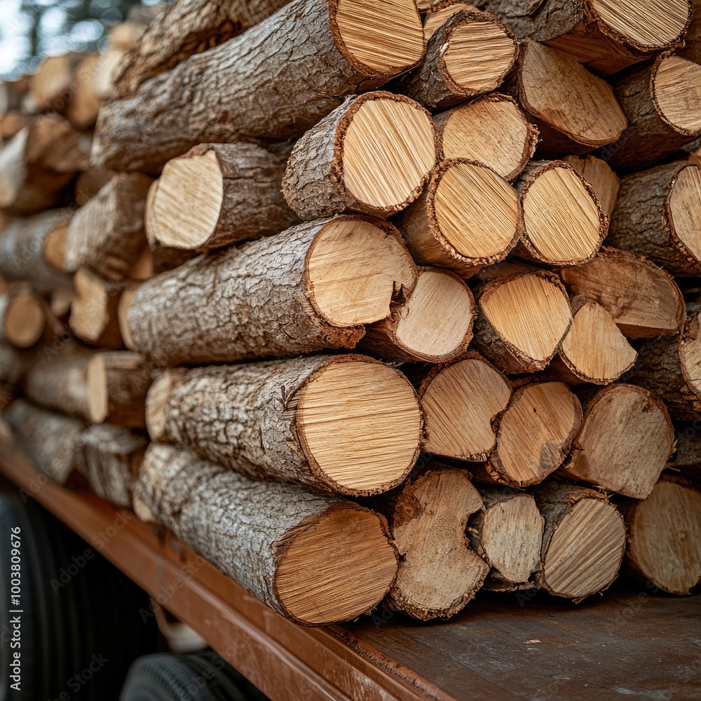 Stack of Freshly Cut Firewood Logs on a Trailer Ready for Transport in a Rural Setting Stack of Freshly Cut Firewood Logs on a Trailer Ready for Transport in a Rural Setting