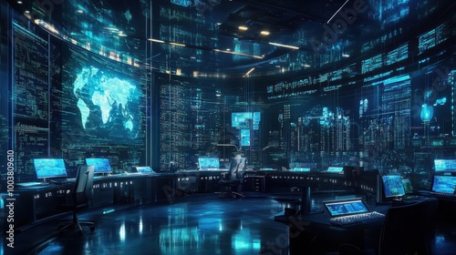 Futuristic Control Room with Holographic World Map Display