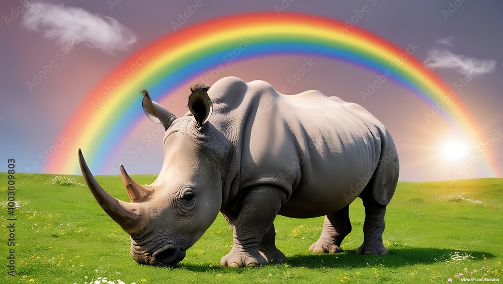 Fototapeta premium Rhino and a Rainbow Overhead captures a breathtaking moment in nature where the majestic rhino grazes peacefully under a brilliant rainbow.