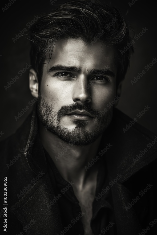 A rugged man with striking features poses confidently against a dark backdrop A rugged man with striking features poses confidently against a dark backdrop