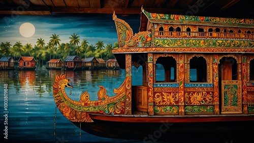 Kerala boat art with intricate hand-painted designs on wooden houseboats
